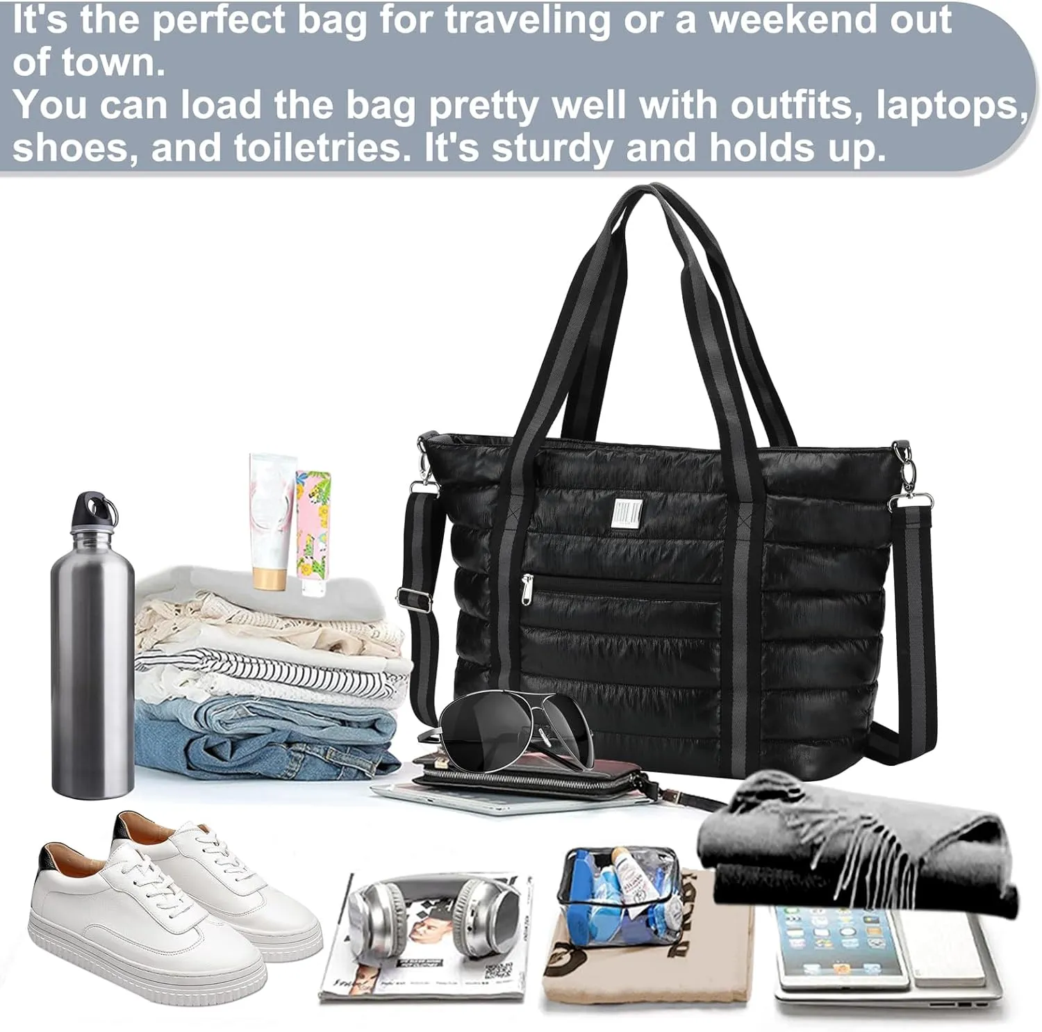 Women Tote Bag, Quilted Puffer Work Shoulder Bag with Laptop Compartment Trolley Sleeve, Large Puffy Travel Handbag
