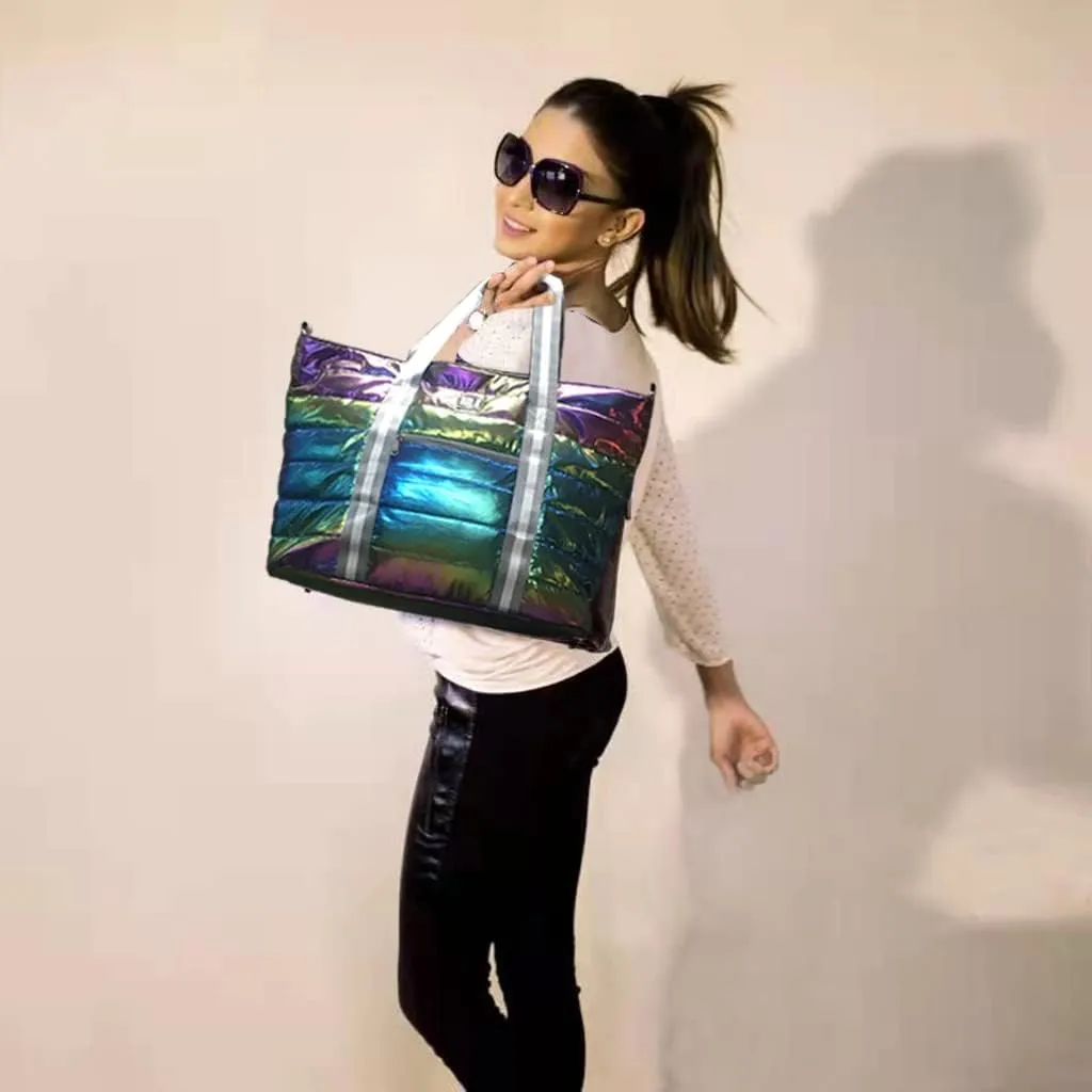Women Tote Bag, Quilted Puffer Work Shoulder Bag with Laptop Compartment Trolley Sleeve, Large Puffy Travel Handbag