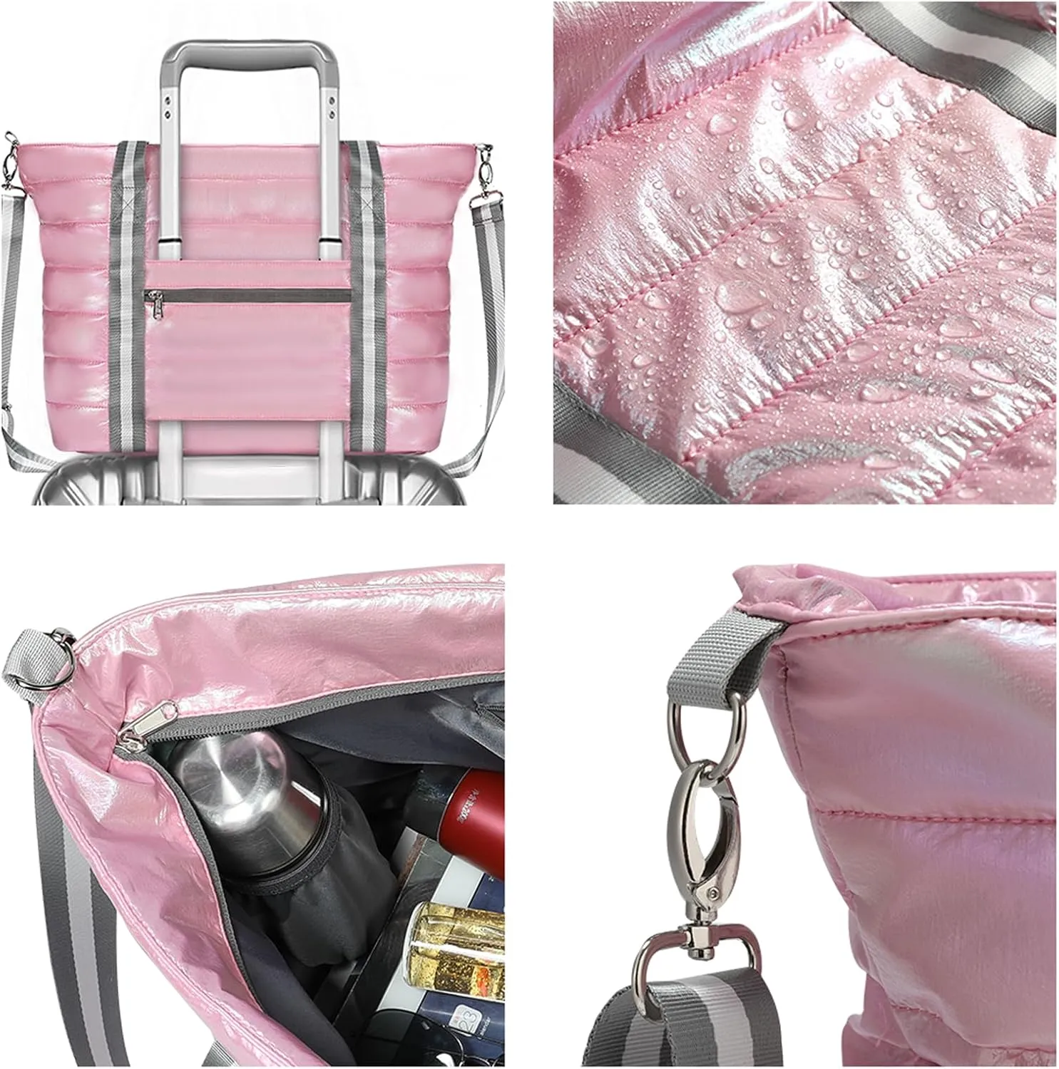 Women Tote Bag, Quilted Puffer Work Shoulder Bag with Laptop Compartment Trolley Sleeve, Large Puffy Travel Handbag
