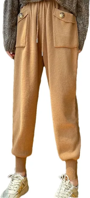 Women's 100% Wool Pencil Pants Solid Elastic Waist Casual Trousers Lace-Up Slim Leg Knit Sweatpants with Pocket