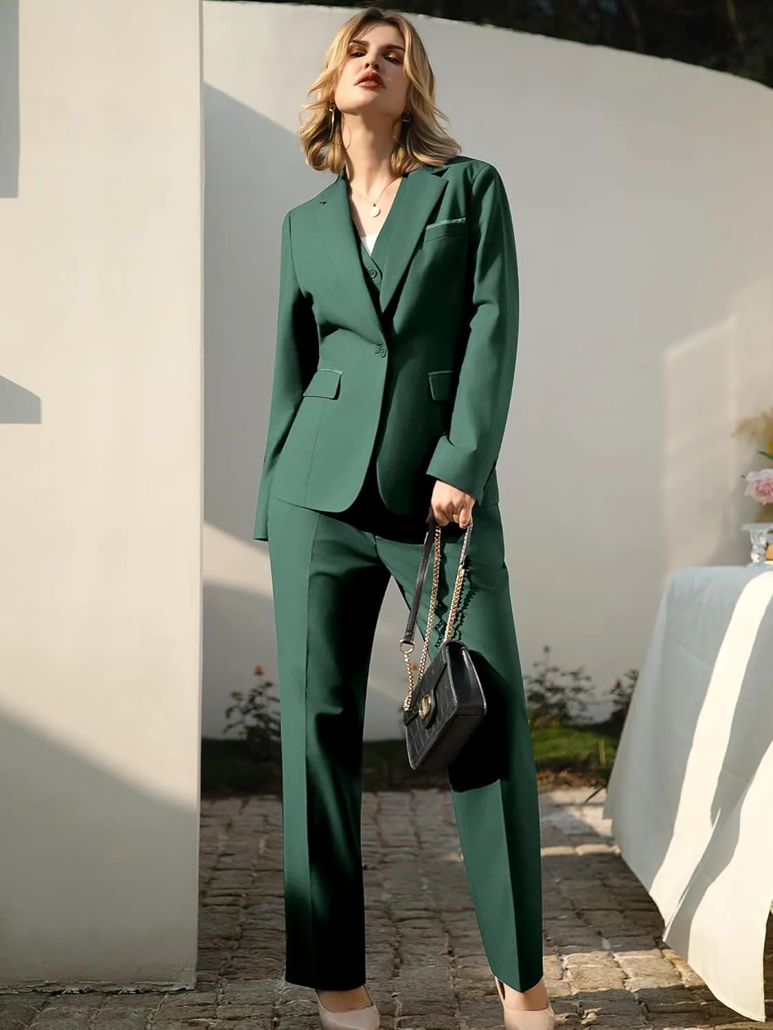 Women's 3 Piece Suit Lady Business Casual Office One Button Slim Fit Blazer Jacket Vest Pants Set