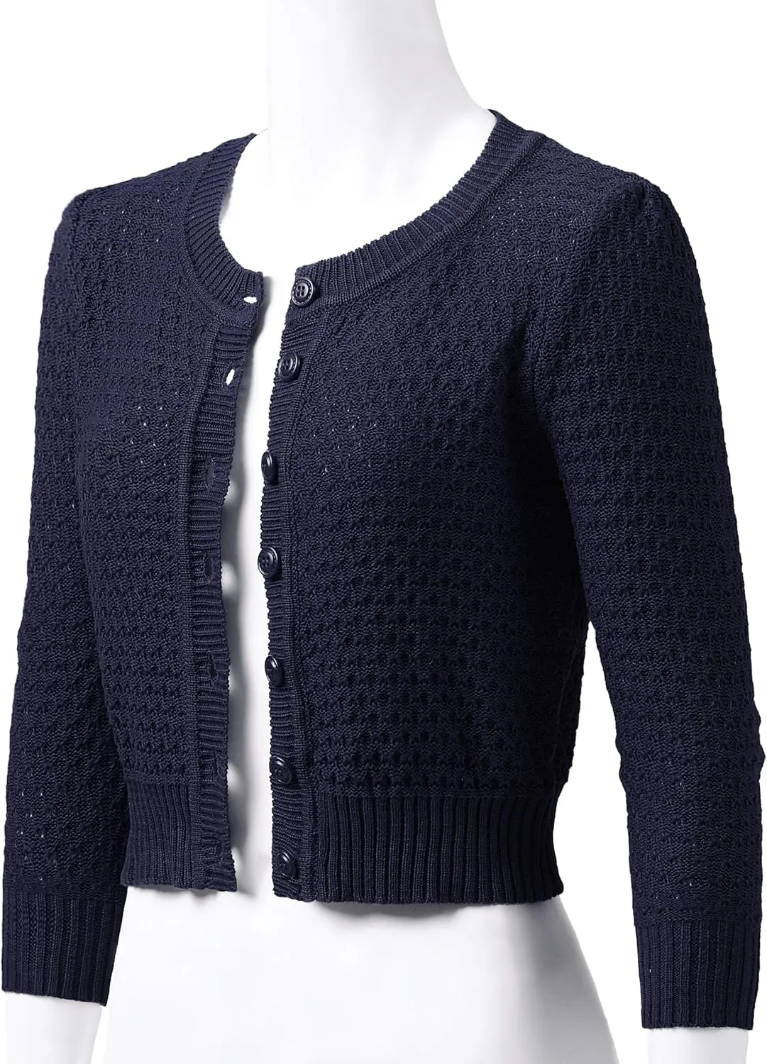 Women's 3/4 Sleeve Crew Neck Button Down Cotton Knit Cropped Cardigan Sweater (S-3XL)