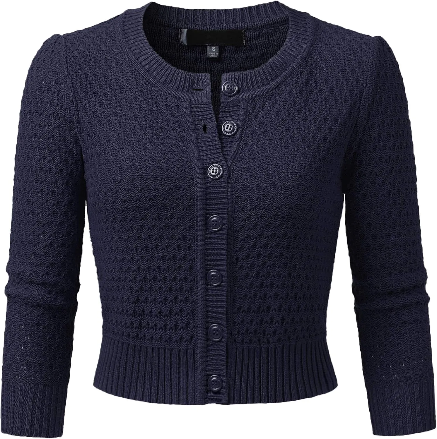 Women's 3/4 Sleeve Crew Neck Button Down Cotton Knit Cropped Cardigan Sweater (S-3XL)