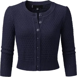 Women's 3/4 Sleeve Crew Neck Button Down Cotton Knit Cropped Cardigan Sweater (S-3XL)