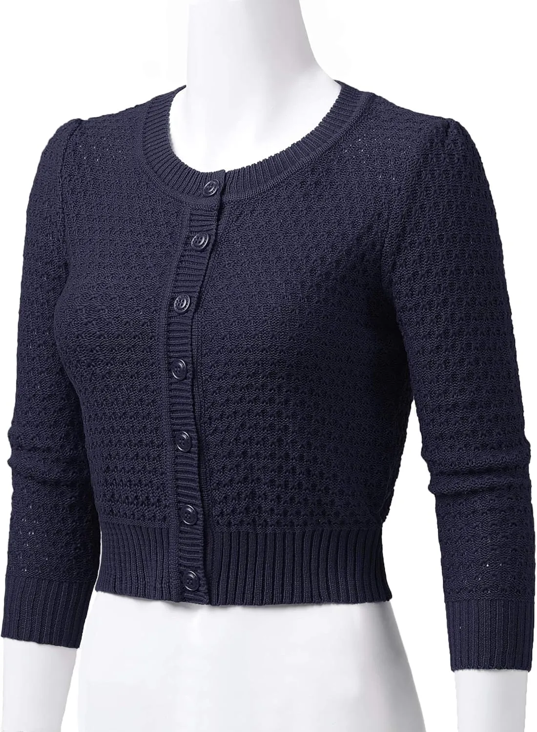 Women's 3/4 Sleeve Crew Neck Button Down Cotton Knit Cropped Cardigan Sweater (S-3XL)