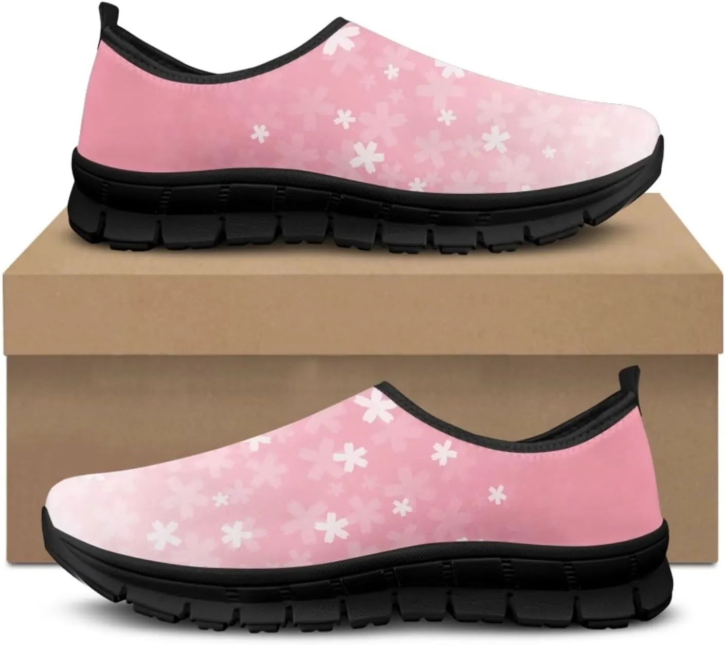 Womens Athletic Shoes Flowers Print Sports Shoes Slip-on Air Mesh Lightweight Sneakers Running Flats