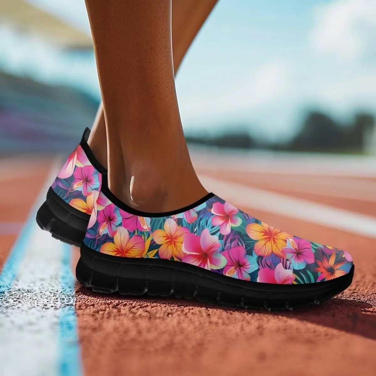 Womens Athletic Shoes Flowers Print Sports Shoes Slip-on Air Mesh Lightweight Sneakers Running Flats