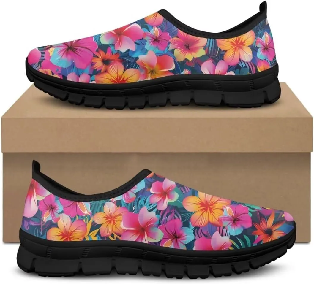 Womens Athletic Shoes Flowers Print Sports Shoes Slip-on Air Mesh Lightweight Sneakers Running Flats