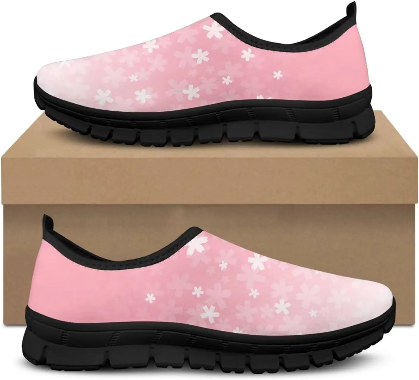 Womens Athletic Shoes Flowers Print Sports Shoes Slip-on Air Mesh Lightweight Sneakers Running Flats