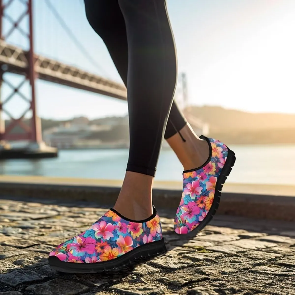 Womens Athletic Shoes Flowers Print Sports Shoes Slip-on Air Mesh Lightweight Sneakers Running Flats