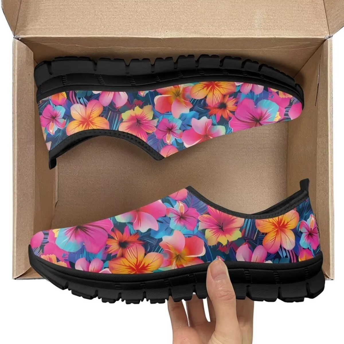 Womens Athletic Shoes Flowers Print Sports Shoes Slip-on Air Mesh Lightweight Sneakers Running Flats
