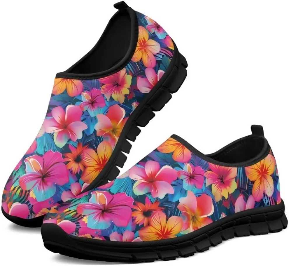 Womens Athletic Shoes Flowers Print Sports Shoes Slip-on Air Mesh Lightweight Sneakers Running Flats
