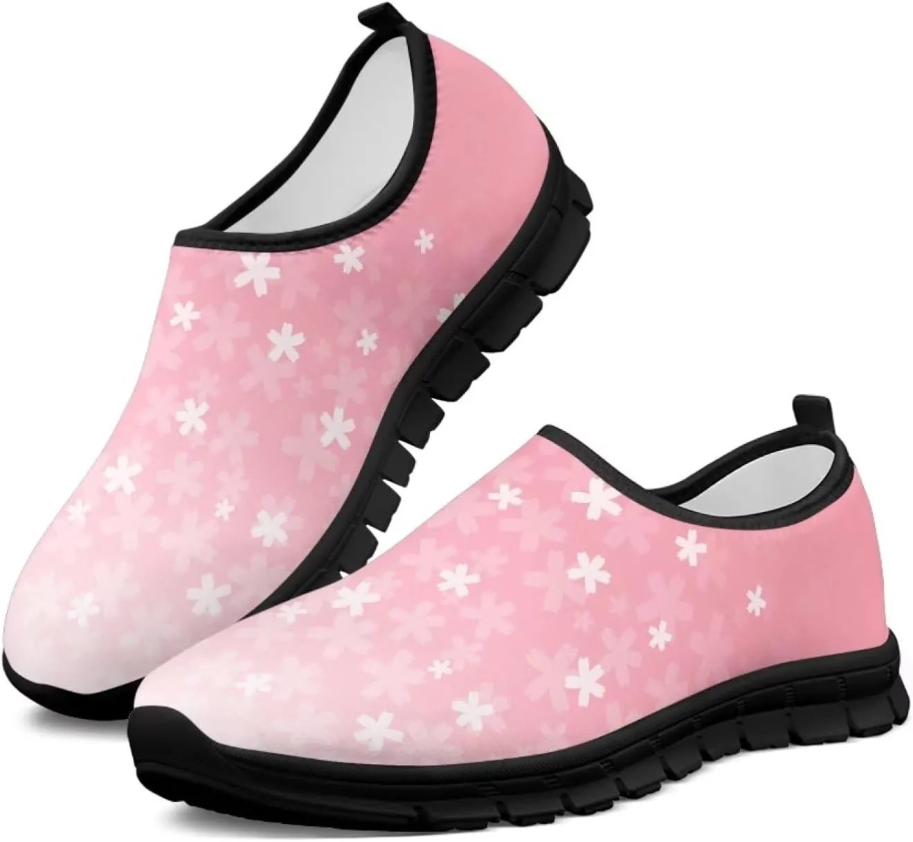 Womens Athletic Shoes Flowers Print Sports Shoes Slip-on Air Mesh Lightweight Sneakers Running Flats