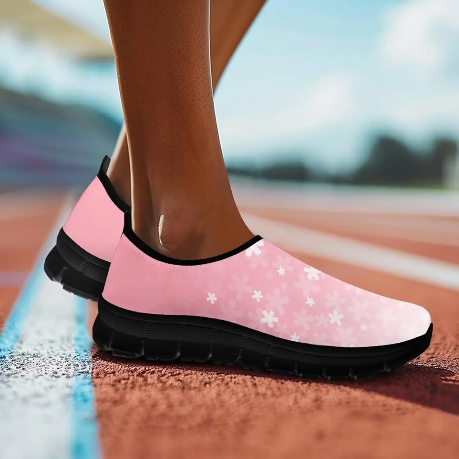 Womens Athletic Shoes Flowers Print Sports Shoes Slip-on Air Mesh Lightweight Sneakers Running Flats
