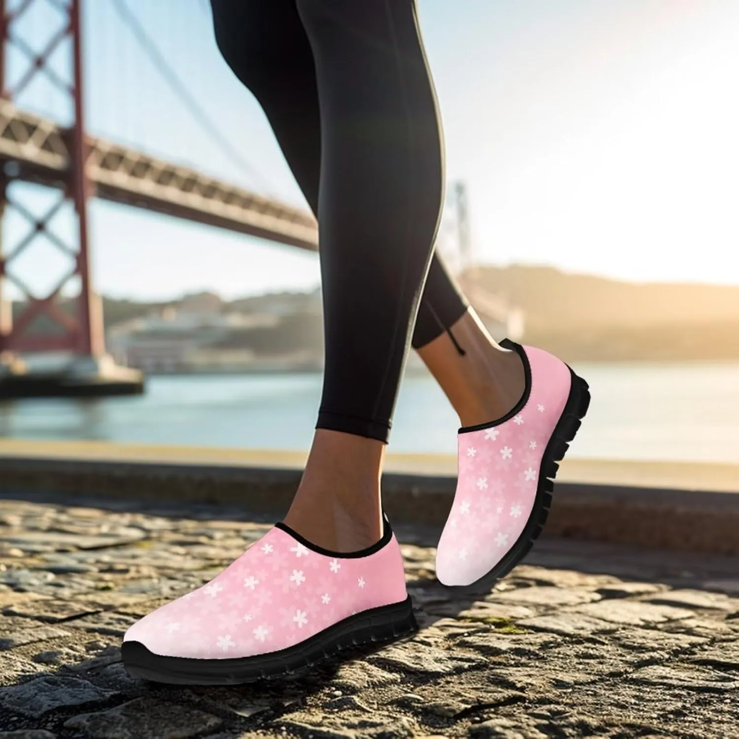 Womens Athletic Shoes Flowers Print Sports Shoes Slip-on Air Mesh Lightweight Sneakers Running Flats