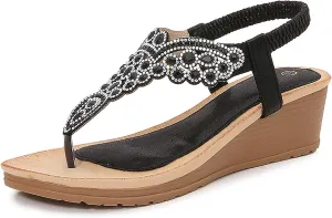Women's Bohemia Flat Sandals, Ladies Summer Beach Rhinestones Elastic T-Strap Flip Flop Sparkling Rhinestone Walking Shoes Casual Low Heel Sandals Comfort