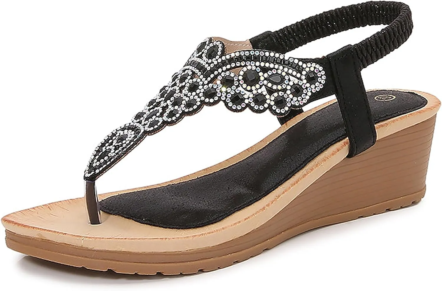 Women's Bohemia Flat Sandals, Ladies Summer Beach Rhinestones Elastic T-Strap Flip Flop Sparkling Rhinestone Walking Shoes Casual Low Heel Sandals Comfort