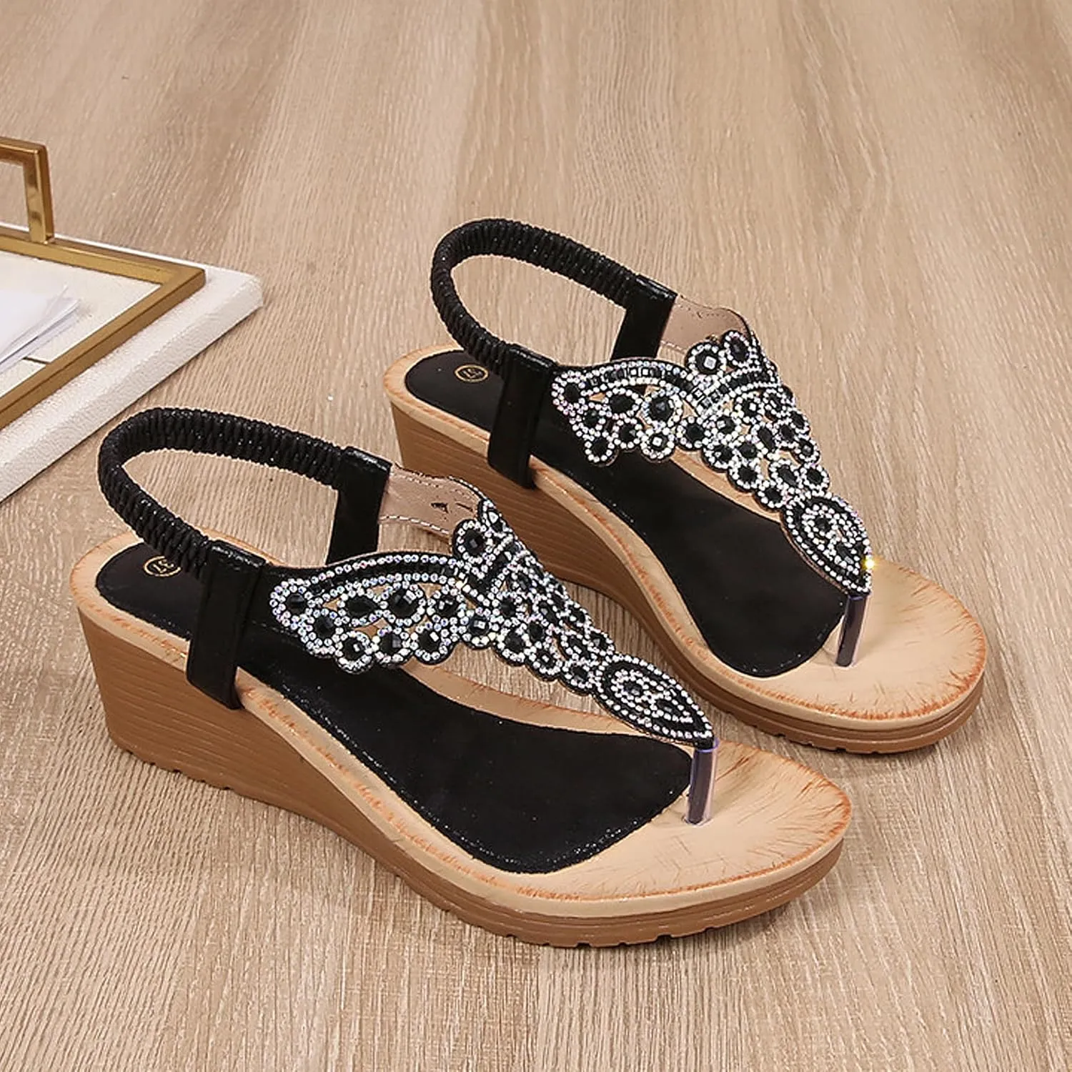 Women's Bohemia Flat Sandals, Ladies Summer Beach Rhinestones Elastic T-Strap Flip Flop Sparkling Rhinestone Walking Shoes Casual Low Heel Sandals Comfort