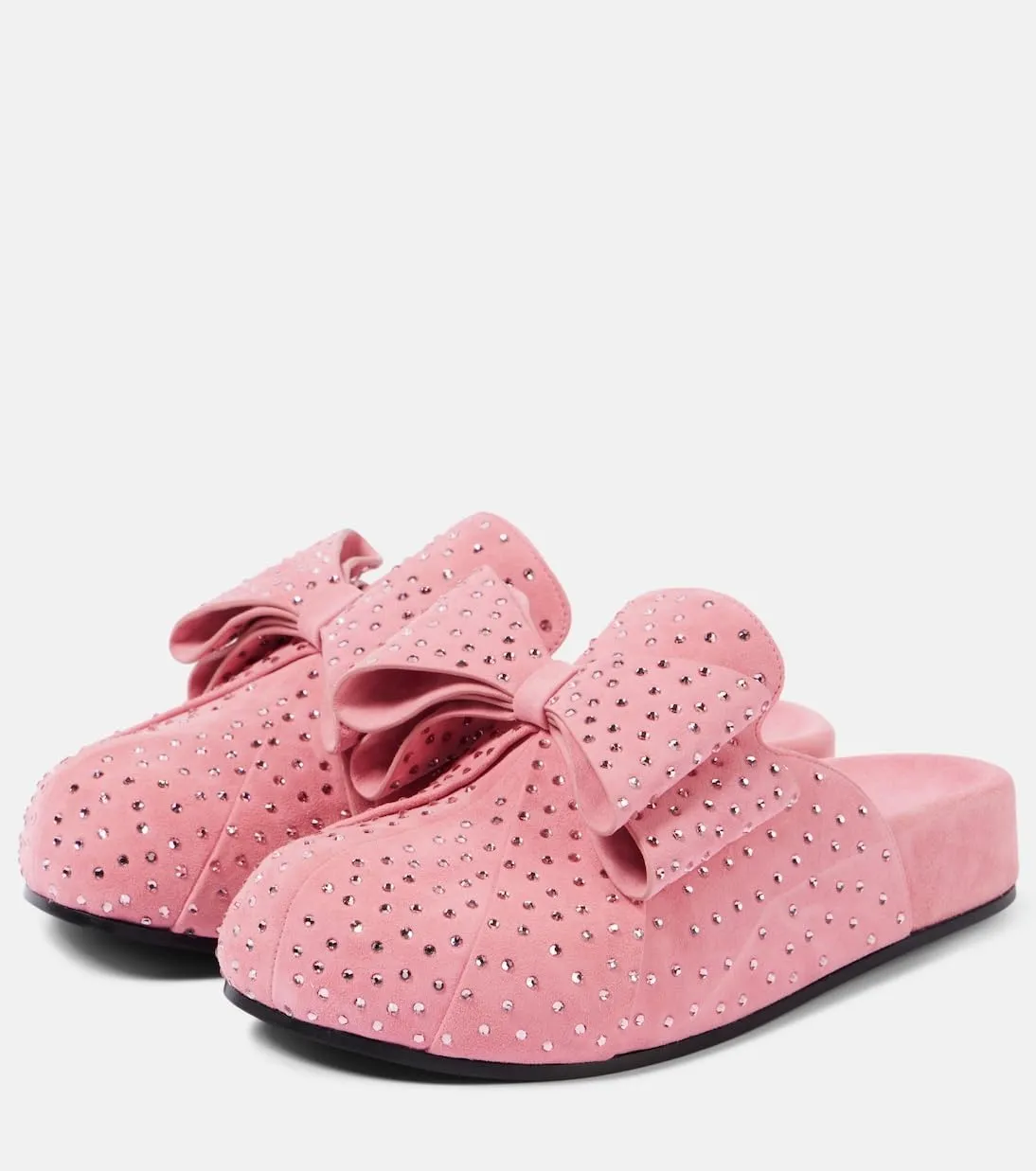 Women's Bow Mules Pink Chunky Heel Sandals Rhinestone Embellished Suede Slides Round Toe Dress Clogs for Ladies Wedding Party
