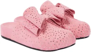Women's Bow Mules Pink Chunky Heel Sandals Rhinestone Embellished Suede Slides Round Toe Dress Clogs for Ladies Wedding Party