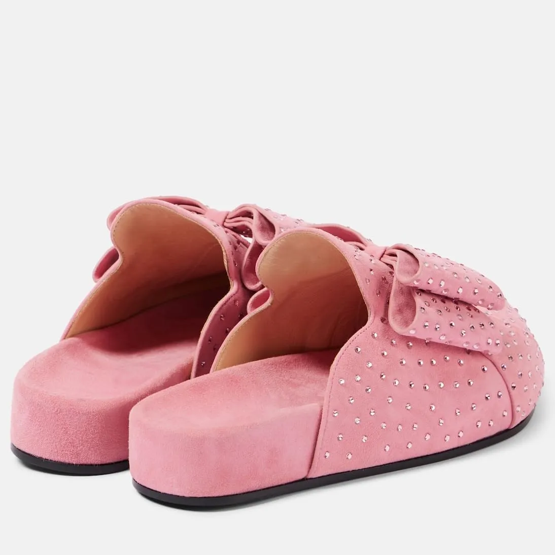 Women's Bow Mules Pink Chunky Heel Sandals Rhinestone Embellished Suede Slides Round Toe Dress Clogs for Ladies Wedding Party