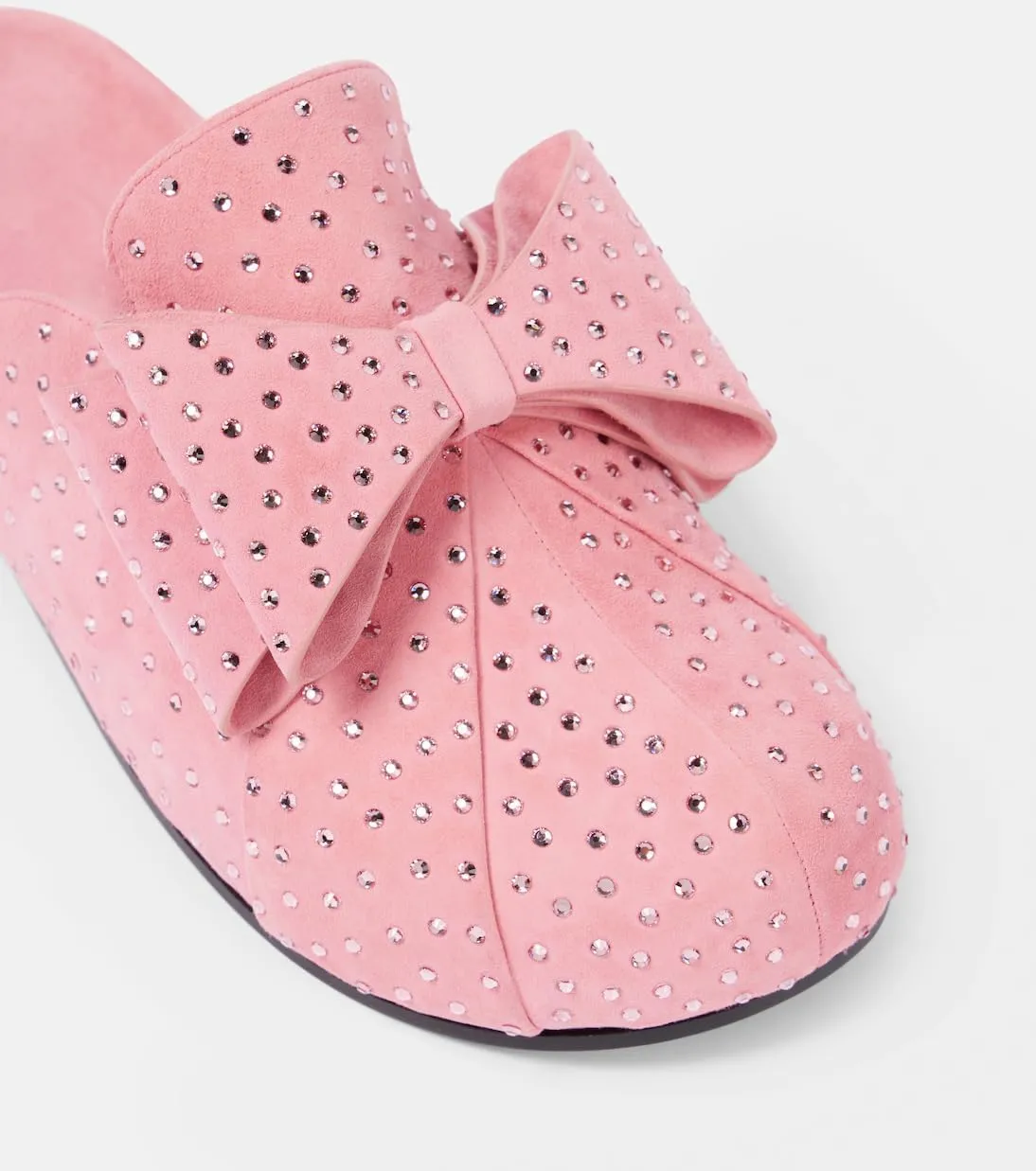 Women's Bow Mules Pink Chunky Heel Sandals Rhinestone Embellished Suede Slides Round Toe Dress Clogs for Ladies Wedding Party