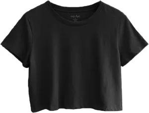 Women's Boxy Crop Top Round Neck Short Sleeve Casual 100% Cotton Cropped Tee T-Shirt