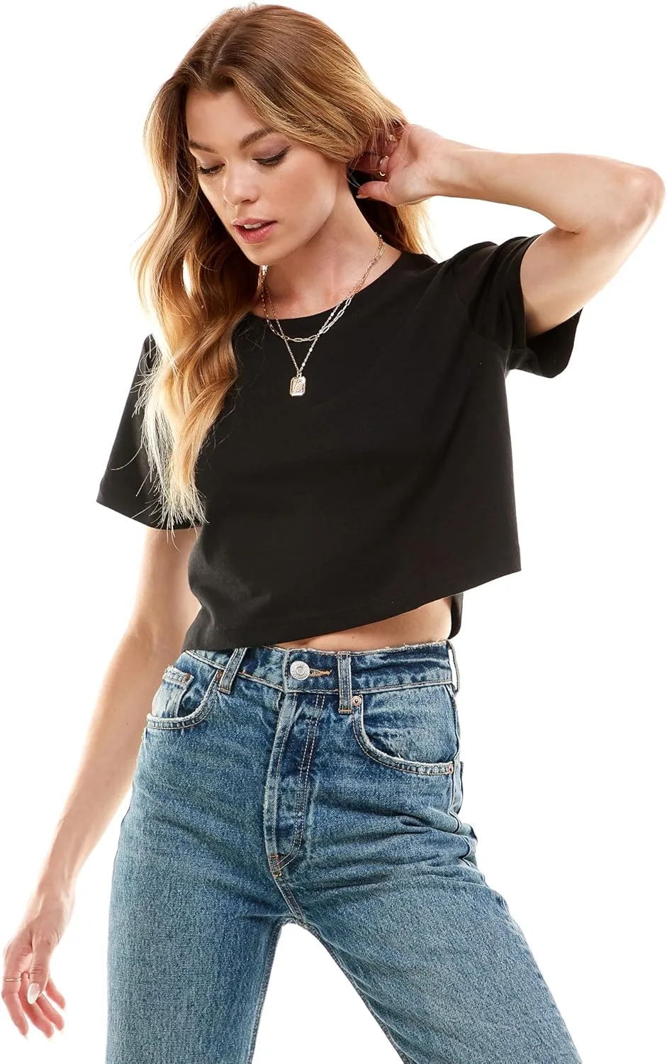 Women's Boxy Crop Top Round Neck Short Sleeve Casual 100% Cotton Cropped Tee T-Shirt