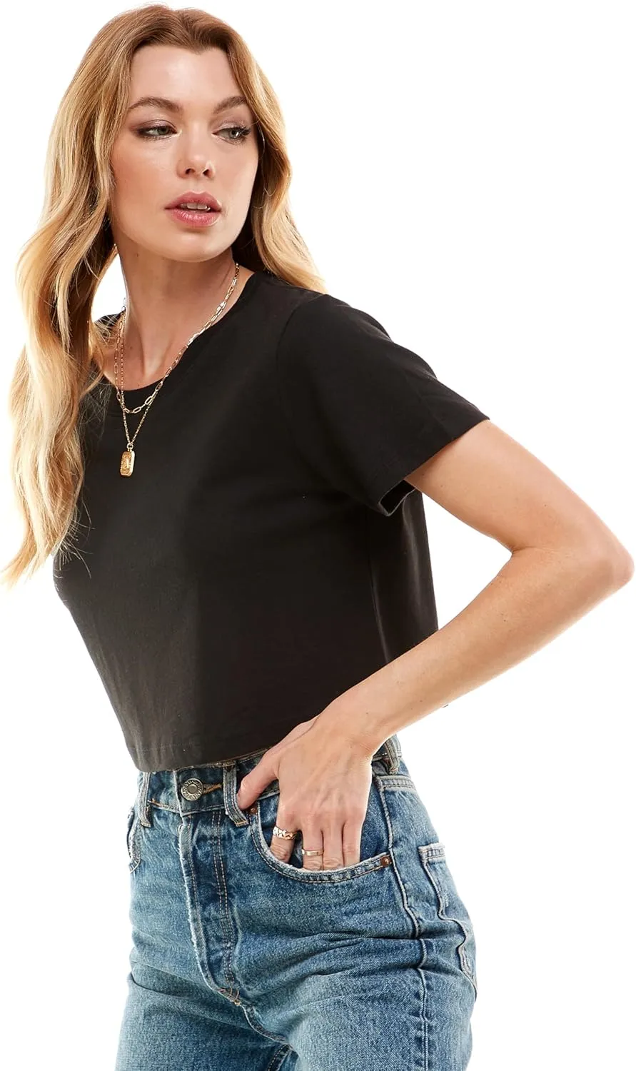Women's Boxy Crop Top Round Neck Short Sleeve Casual 100% Cotton Cropped Tee T-Shirt