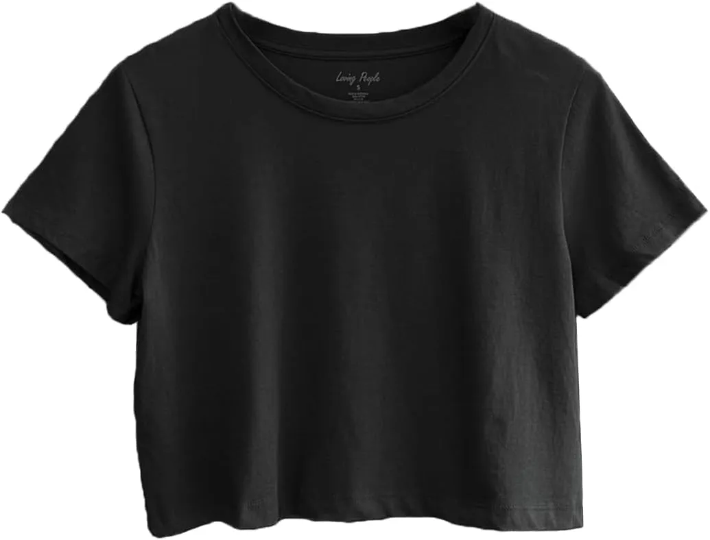 Women's Boxy Crop Top Round Neck Short Sleeve Casual 100% Cotton Cropped Tee T-Shirt