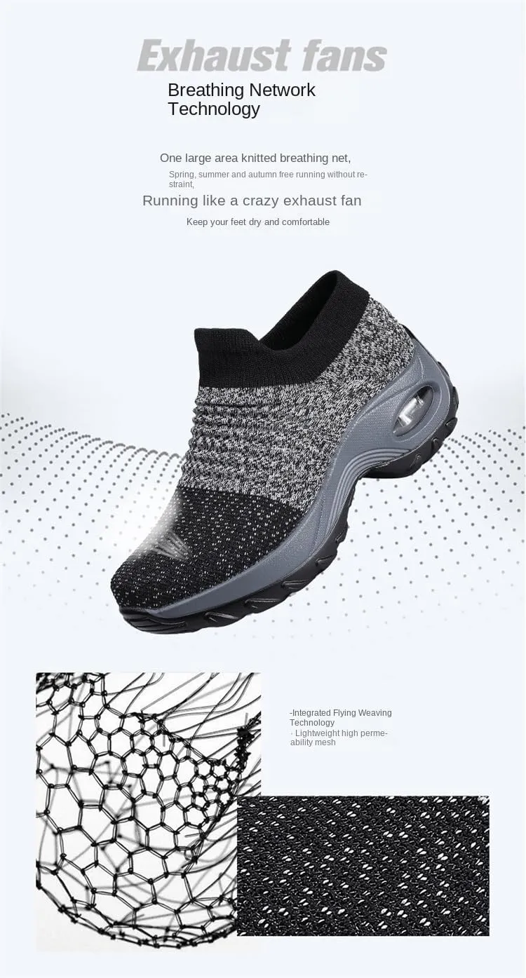 Women's Breathable Knit Sneakers - Comfortable Low Top Slip on Shoes with Air Cushion Support