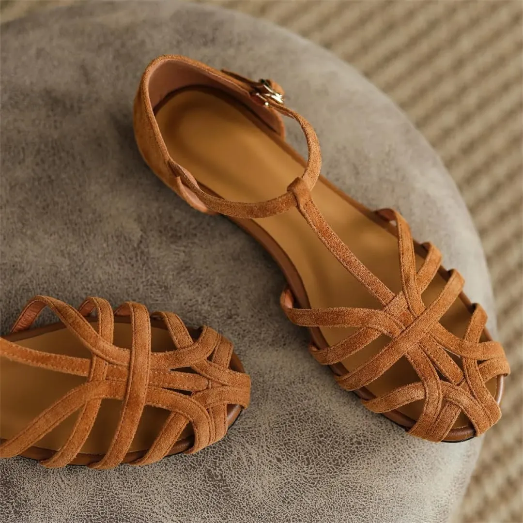 Womens Buckle Strap T-Strap Flat Heel Cover Heel Open Side Vamp Sandals Suede Leather Summer Sandals