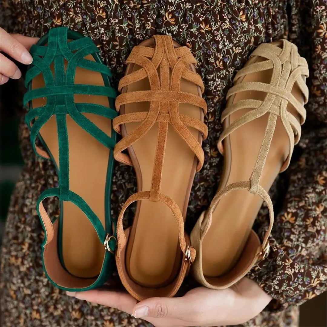 Womens Buckle Strap T-Strap Flat Heel Cover Heel Open Side Vamp Sandals Suede Leather Summer Sandals