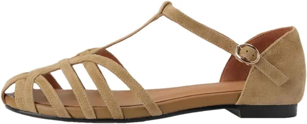Womens Buckle Strap T-Strap Flat Heel Cover Heel Open Side Vamp Sandals Suede Leather Summer Sandals