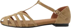 Womens Buckle Strap T-Strap Flat Heel Cover Heel Open Side Vamp Sandals Suede Leather Summer Sandals