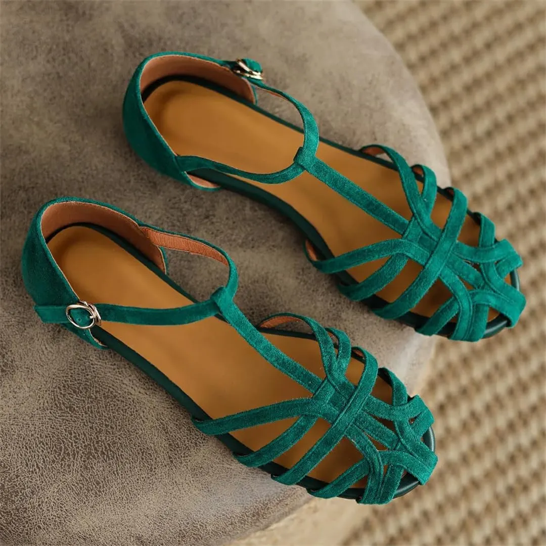 Womens Buckle Strap T-Strap Flat Heel Cover Heel Open Side Vamp Sandals Suede Leather Summer Sandals