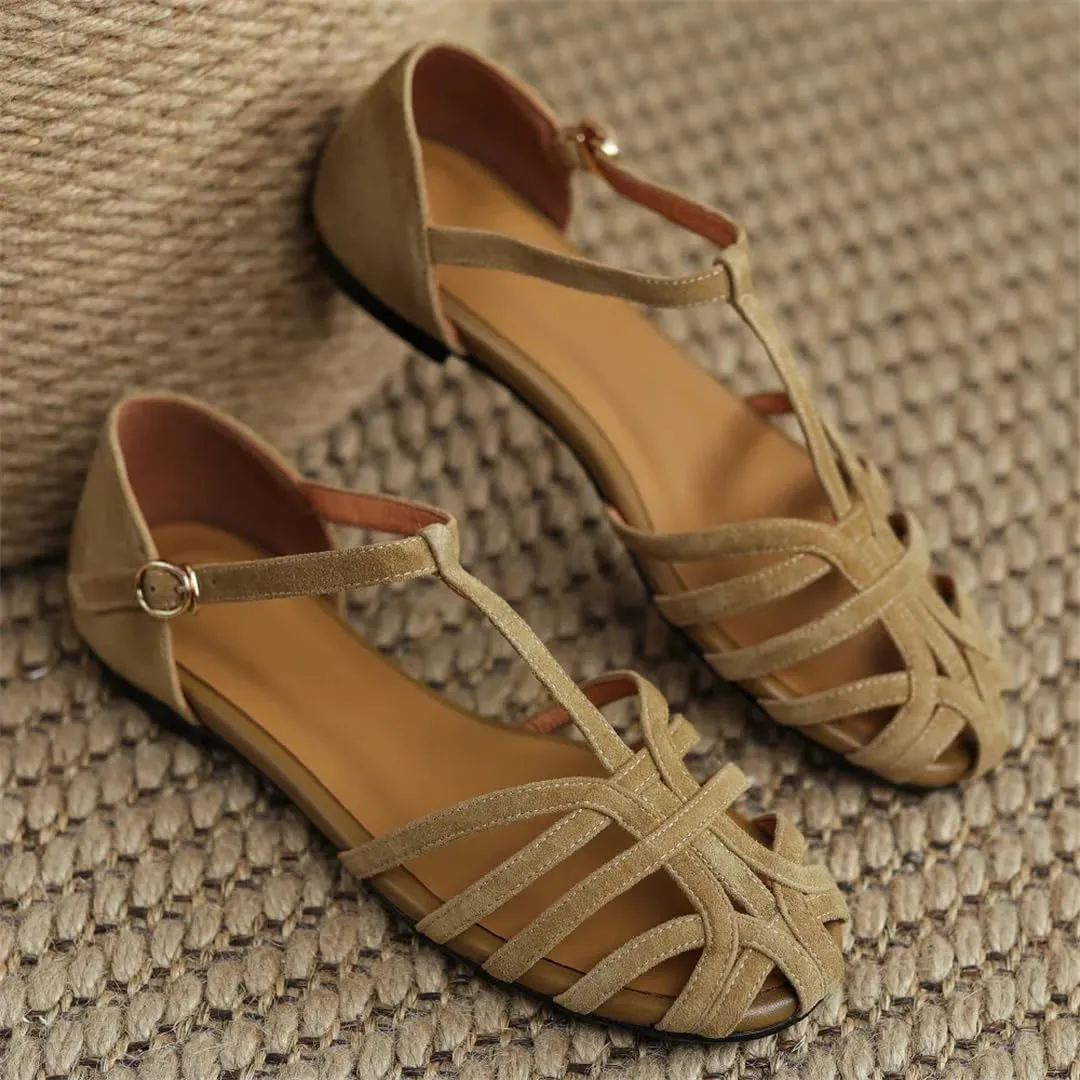 Womens Buckle Strap T-Strap Flat Heel Cover Heel Open Side Vamp Sandals Suede Leather Summer Sandals