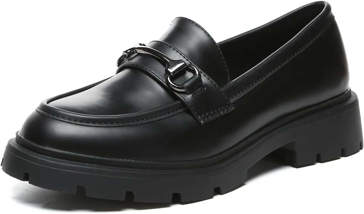 Women's Chunky Platform Loafers with Chain or Buckle Patent Leather Black Penny Loafers Fashion Office Shoes School Dress Shoes Comfort Slip-on