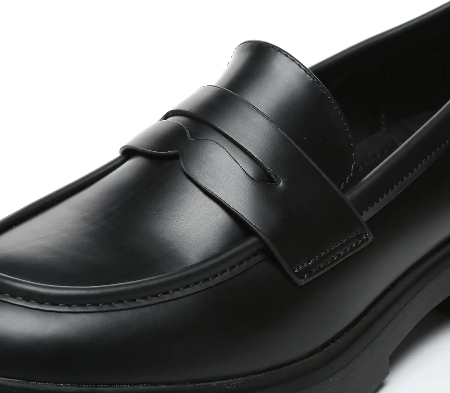 Women's Chunky Platform Loafers with Chain or Buckle Patent Leather Black Penny Loafers Fashion Office Shoes School Dress Shoes Comfort Slip-on