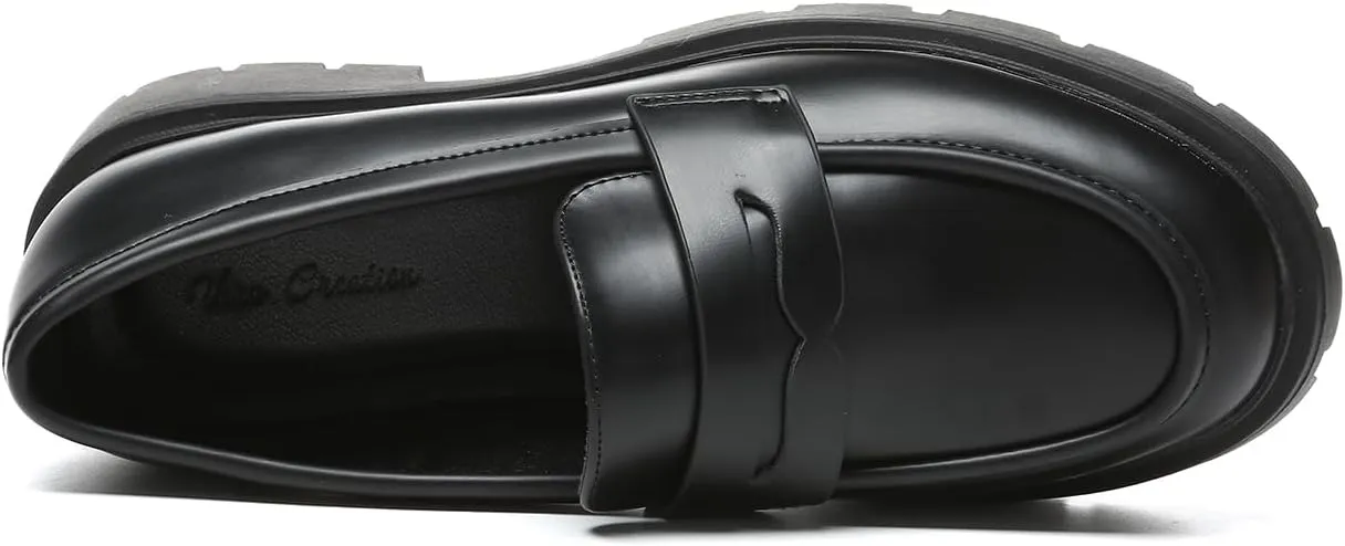 Women's Chunky Platform Loafers with Chain or Buckle Patent Leather Black Penny Loafers Fashion Office Shoes School Dress Shoes Comfort Slip-on