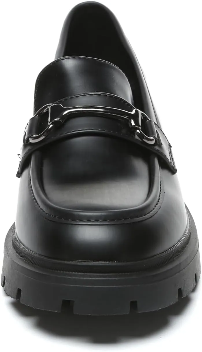 Women's Chunky Platform Loafers with Chain or Buckle Patent Leather Black Penny Loafers Fashion Office Shoes School Dress Shoes Comfort Slip-on