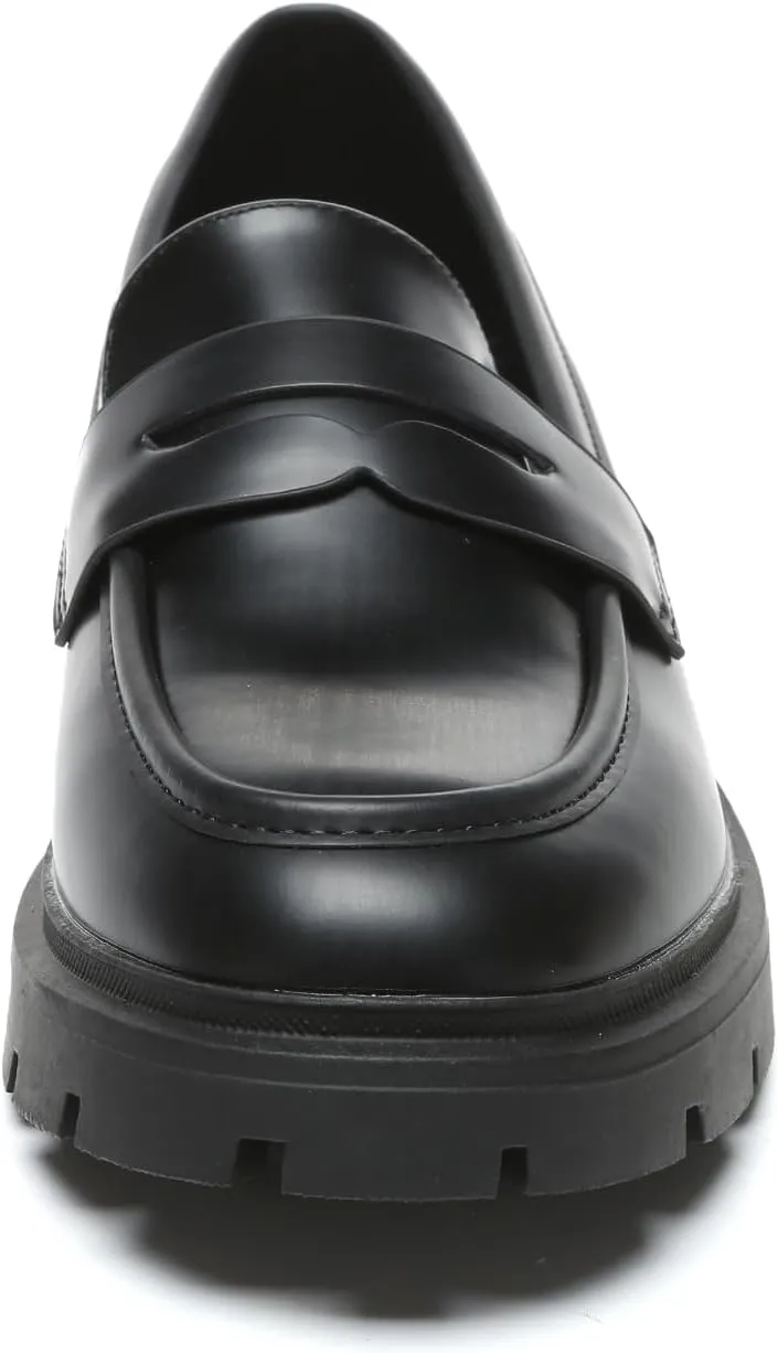 Women's Chunky Platform Loafers with Chain or Buckle Patent Leather Black Penny Loafers Fashion Office Shoes School Dress Shoes Comfort Slip-on