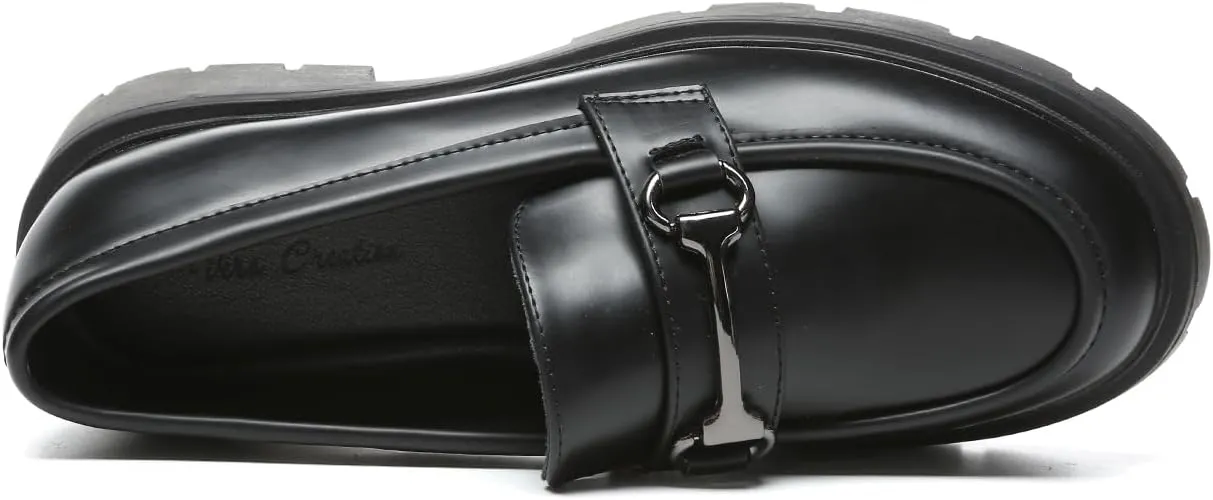 Women's Chunky Platform Loafers with Chain or Buckle Patent Leather Black Penny Loafers Fashion Office Shoes School Dress Shoes Comfort Slip-on