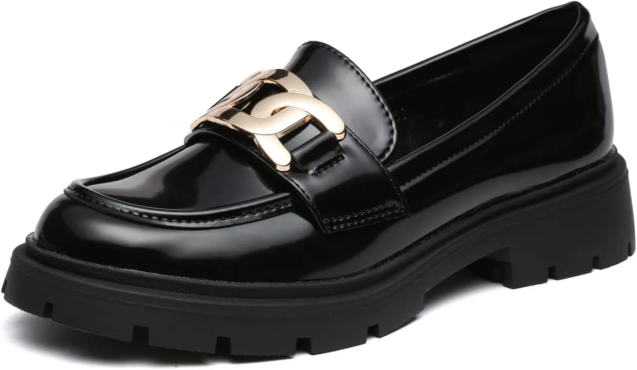 Women's Chunky Platform Loafers with Chain or Buckle Patent Leather Black Penny Loafers Fashion Office Shoes School Dress Shoes Comfort Slip-on