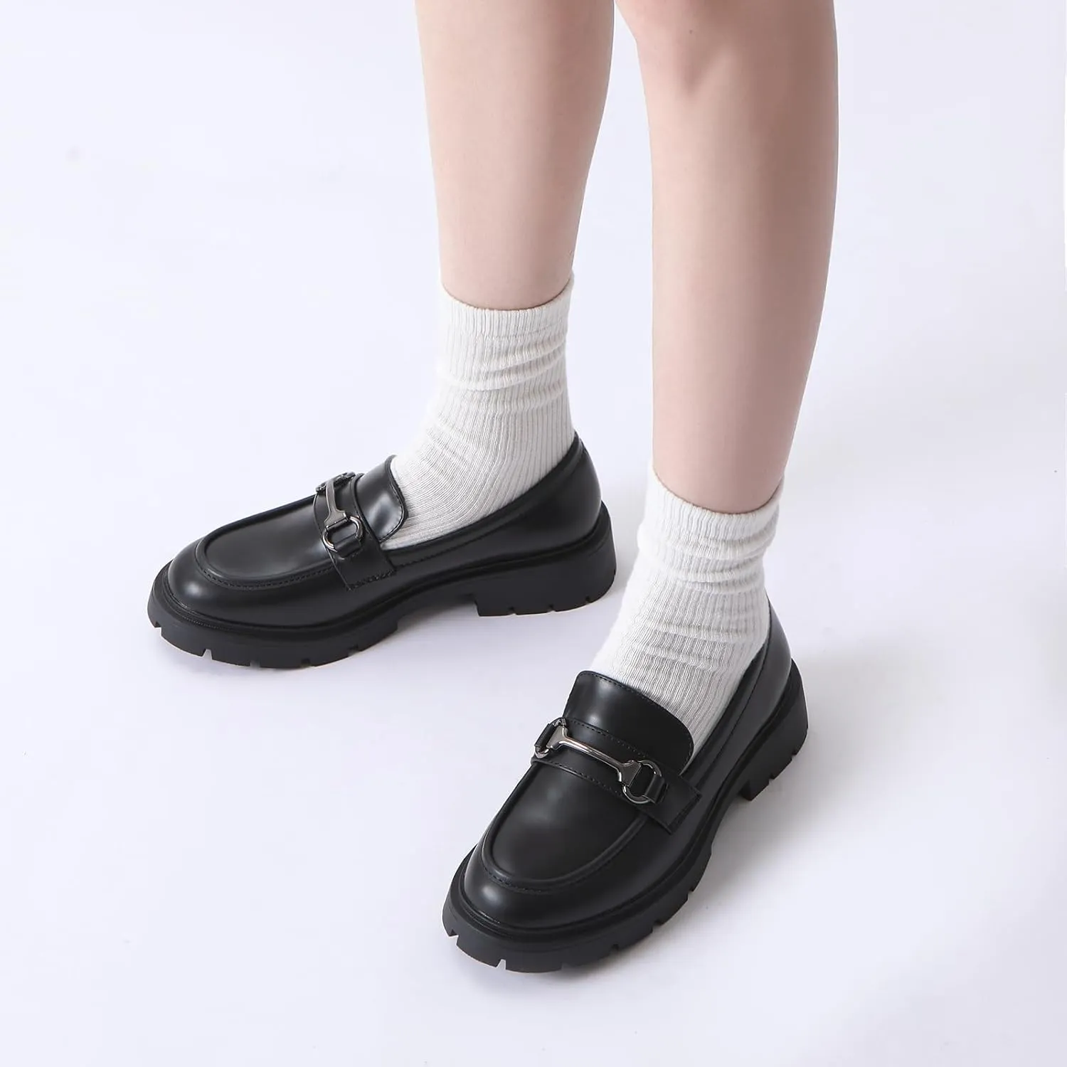 Women's Chunky Platform Loafers with Chain or Buckle Patent Leather Black Penny Loafers Fashion Office Shoes School Dress Shoes Comfort Slip-on