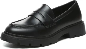 Women's Chunky Platform Loafers with Chain or Buckle Patent Leather Black Penny Loafers Fashion Office Shoes School Dress Shoes Comfort Slip-on