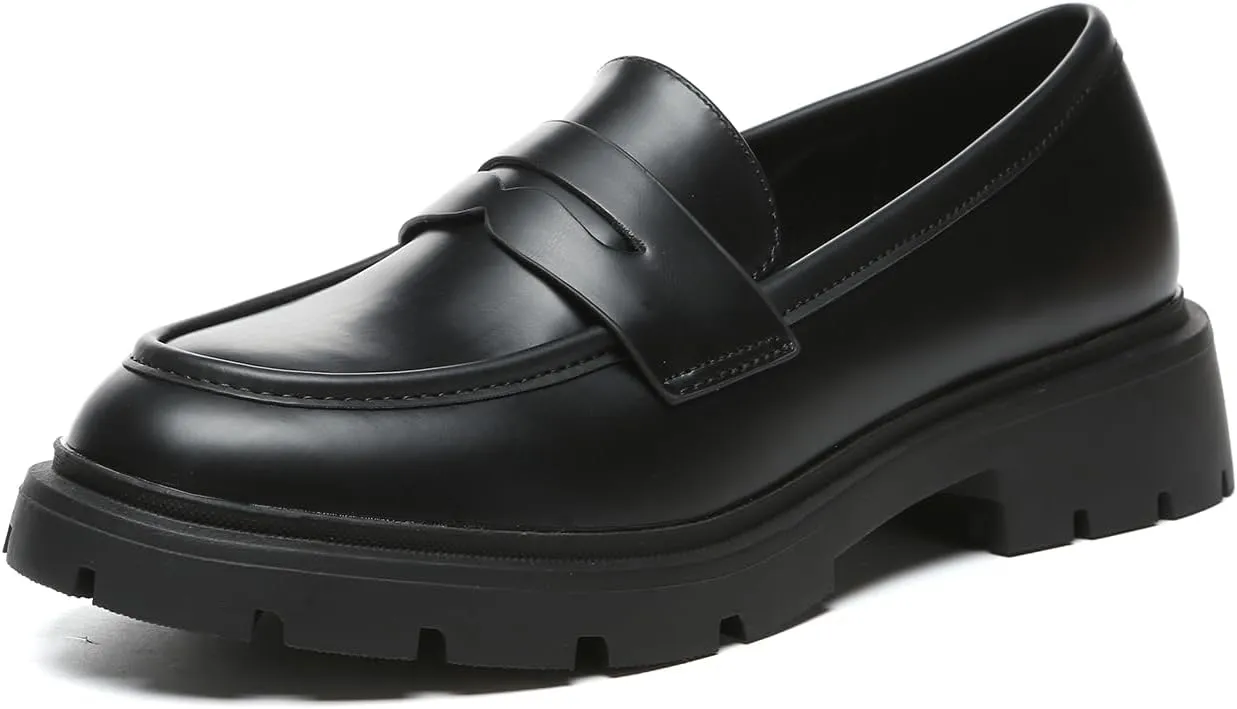 Women's Chunky Platform Loafers with Chain or Buckle Patent Leather Black Penny Loafers Fashion Office Shoes School Dress Shoes Comfort Slip-on