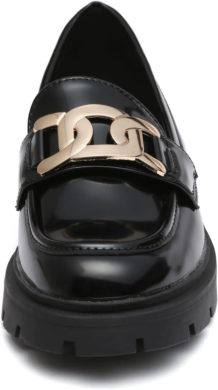 Women's Chunky Platform Loafers with Chain or Buckle Patent Leather Black Penny Loafers Fashion Office Shoes School Dress Shoes Comfort Slip-on