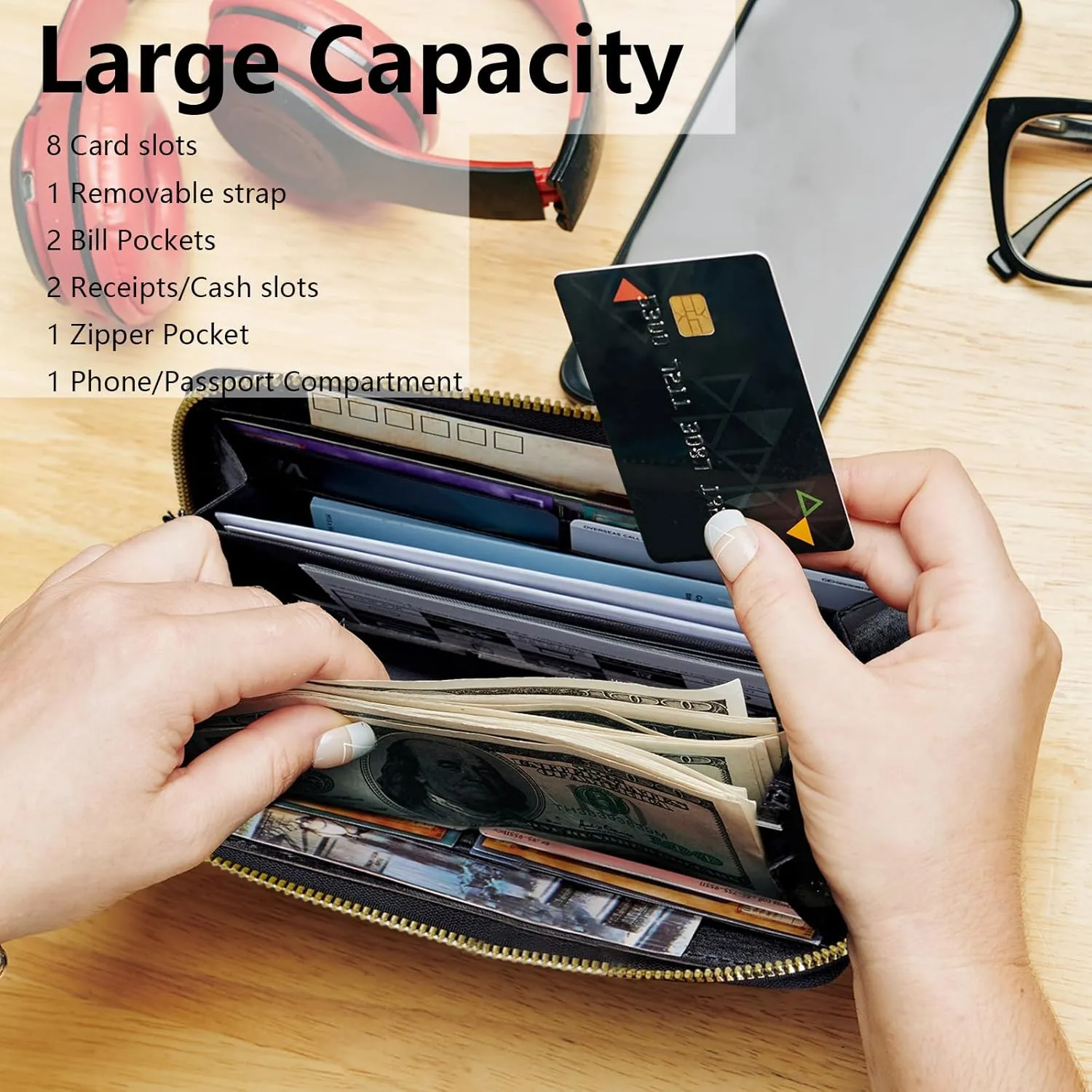 Women's Clutch Purse with Wrist Strap, Slim PU Leather Cell Phone Wallet Large Capacity