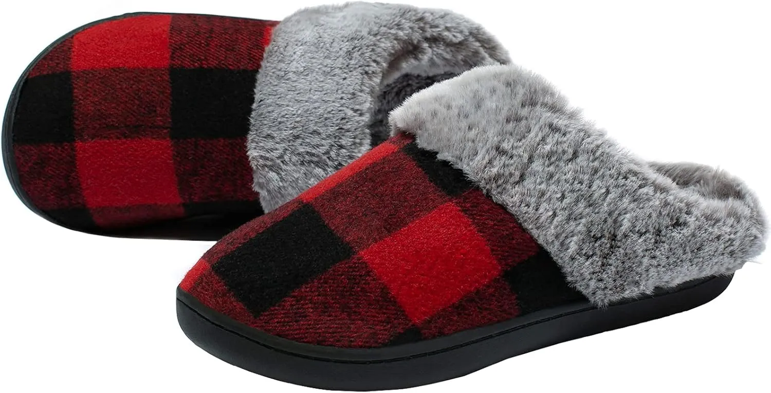 Womens Cozy Fuzzy Plaid House Slippers Memory Foam Slip on Indoor Outdoor